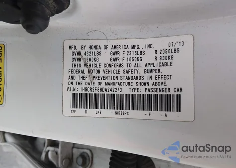 2013 Honda Accord Sdn Ex-L from USA, damaged, VIN 1HGCR2F88DA242273